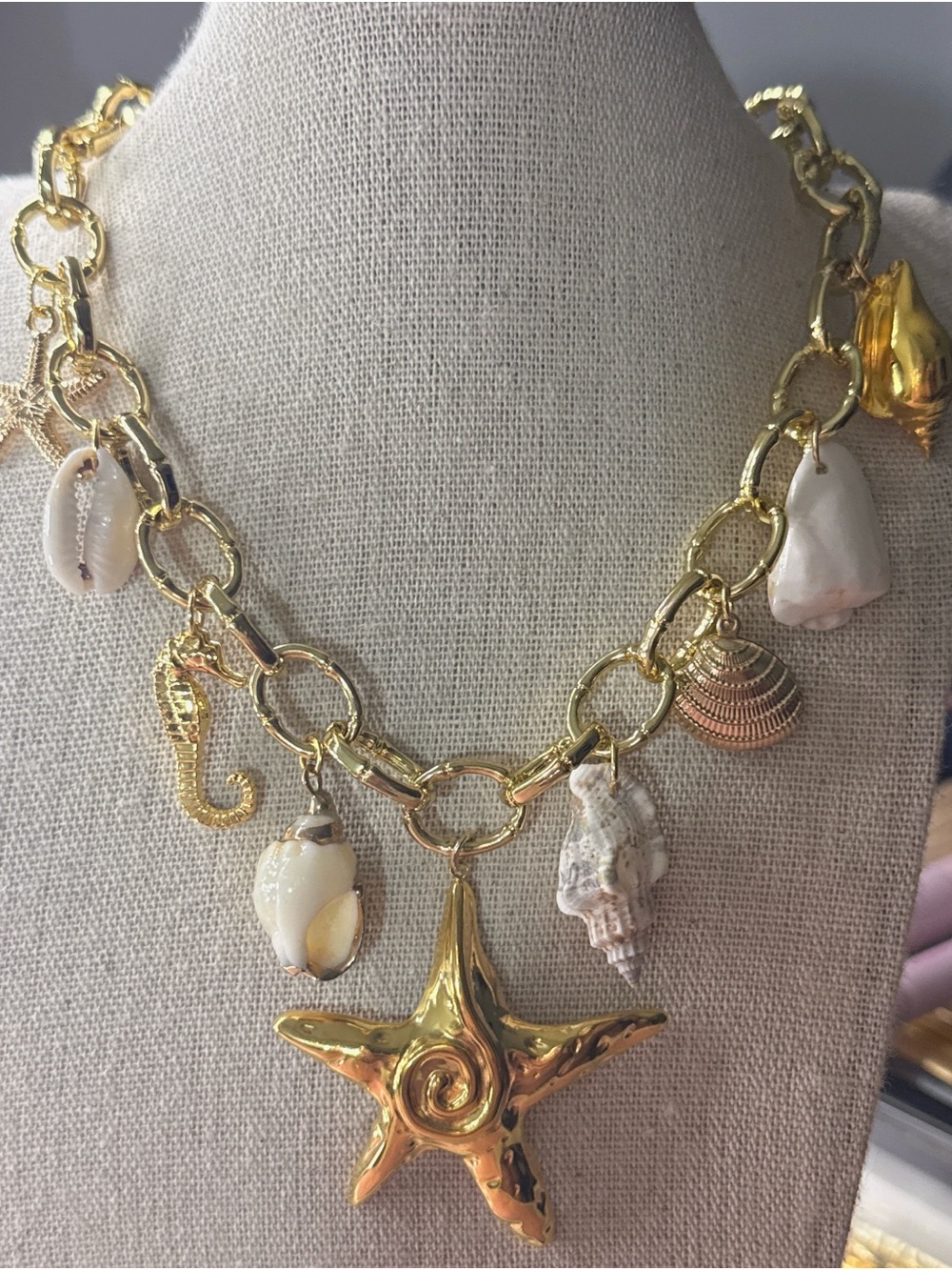 Gold Plated Starfish Charm Necklace with Shell Accents - Women Jewelry